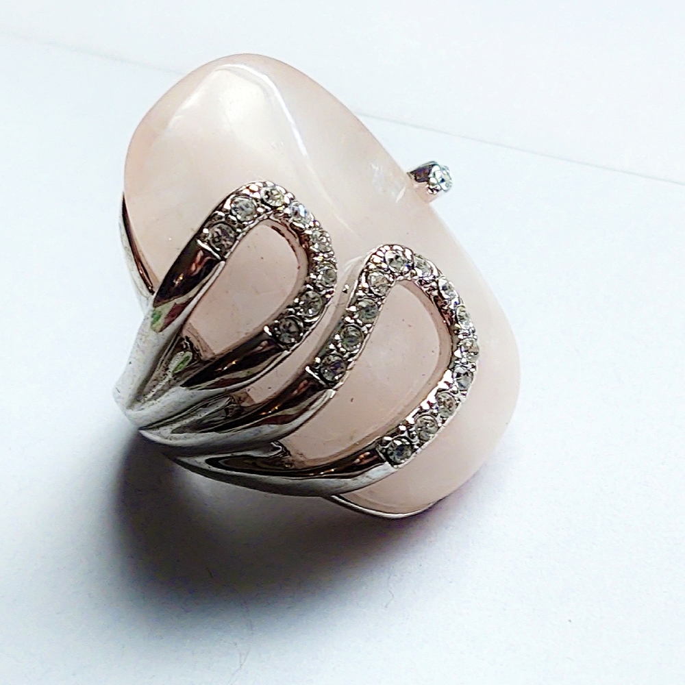 Vintage Oversized Rose Quartz Silver Ring-  Size 6.25